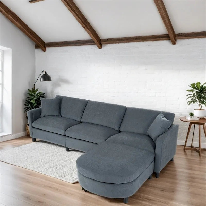 Canapé d'angle moderne en tissu 108 avec pouf et coussins