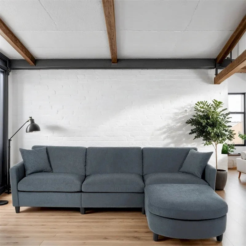 Canapé d'angle moderne en tissu 108 avec pouf et coussins