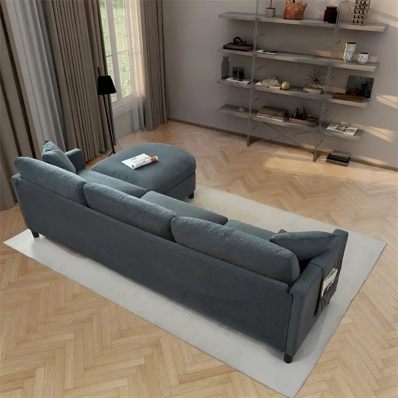 Canapé d'angle moderne en tissu 108 avec pouf et coussins