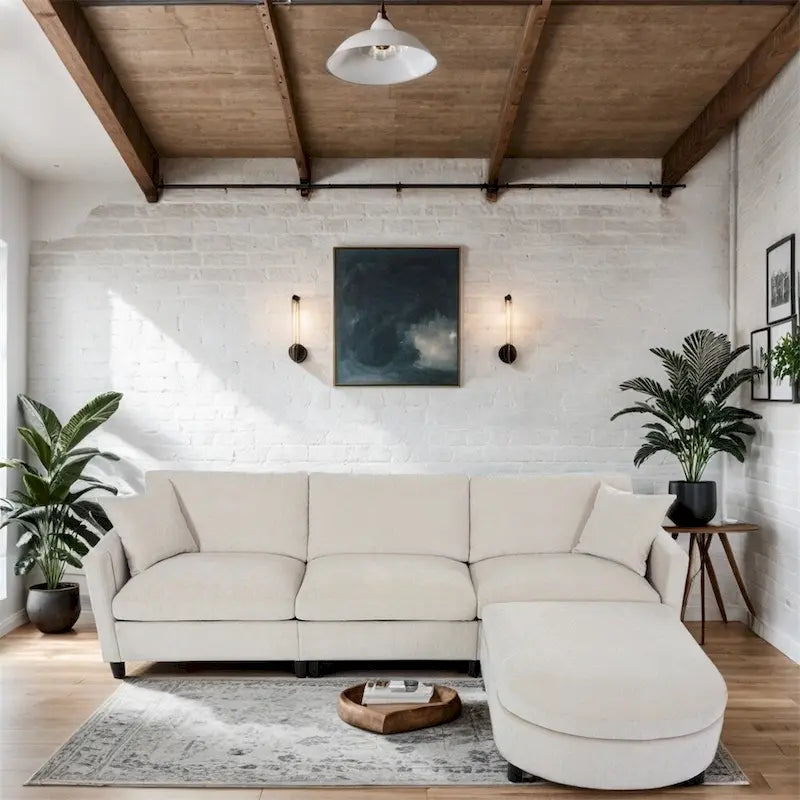 Canapé d'angle moderne en tissu 108 avec pouf et coussins