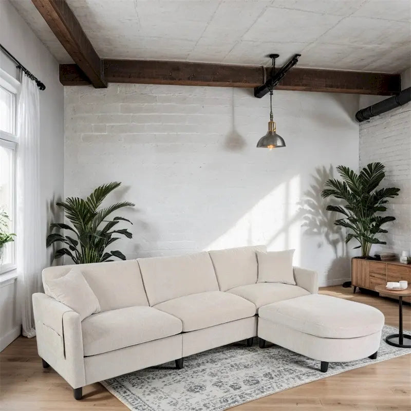 Canapé d'angle moderne en tissu 108 avec pouf et coussins