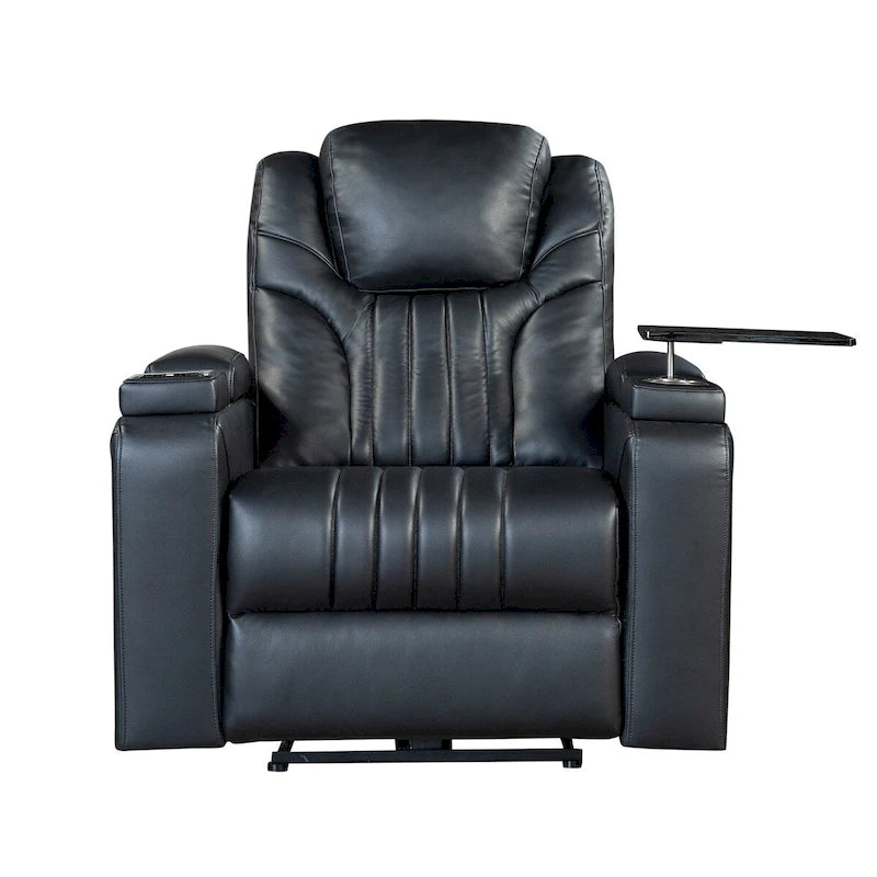 Fauteuil inclinable électrique en similicuir avec appui-tête réglable électriquement, port USB, accoudoirs avec rangement, porte-gobelet et tablette pivotante
