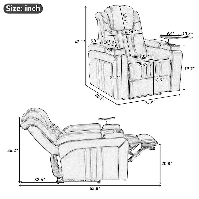 Fauteuil inclinable électrique en similicuir avec appui-tête réglable électriquement, port USB, accoudoirs avec rangement, porte-gobelet et tablette pivotante