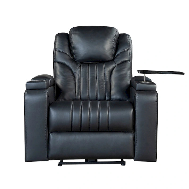 Fauteuil inclinable électrique en similicuir avec appui-tête réglable électriquement, port USB, accoudoirs avec rangement, porte-gobelet et tablette pivotante