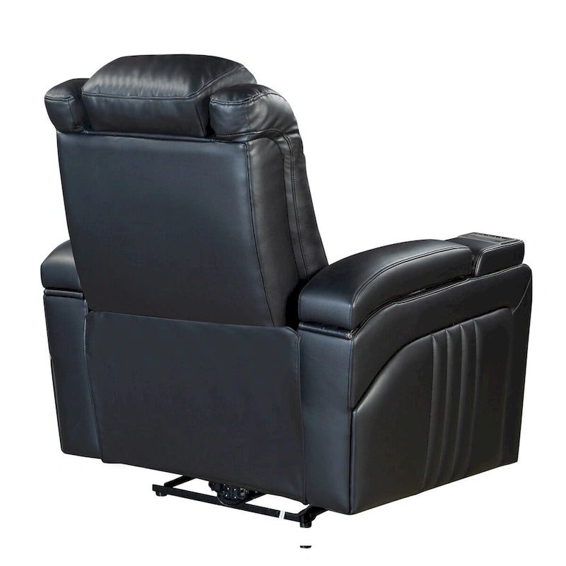 Fauteuil inclinable électrique en similicuir avec appui-tête réglable électriquement, port USB, accoudoirs avec rangement, porte-gobelet et tablette pivotante