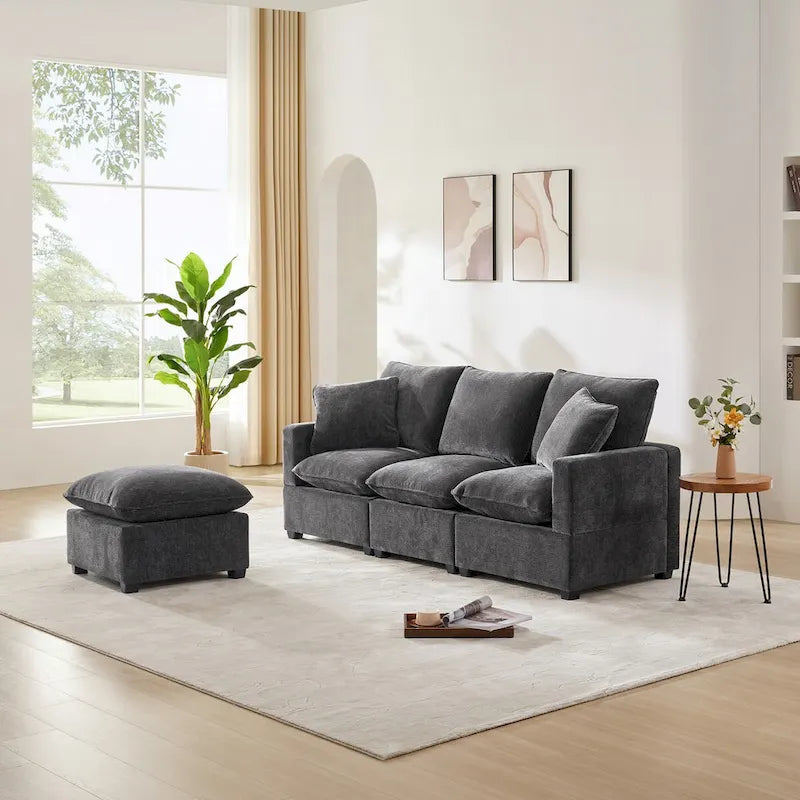 Canapé d'angle modulaire moderne en chenille avec 2 coussins