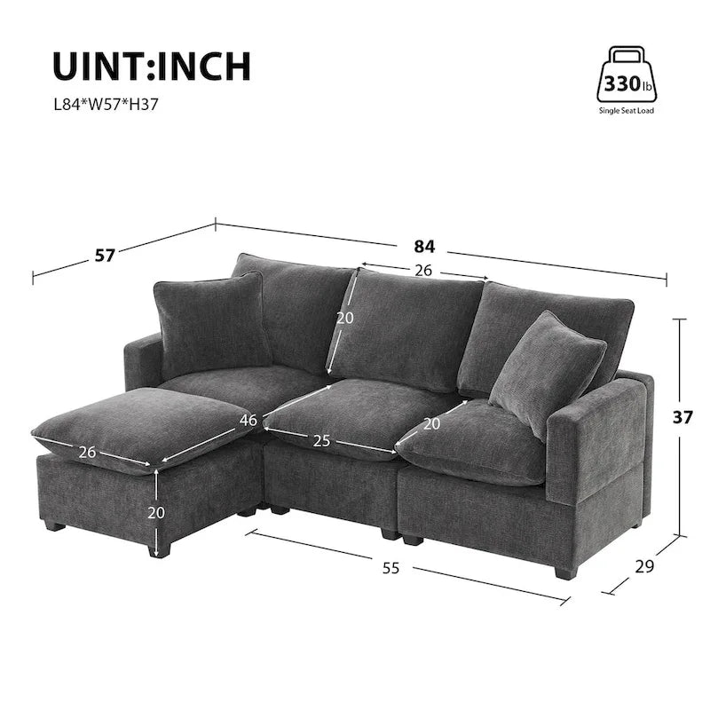 Canapé d'angle modulaire moderne en chenille avec 2 coussins