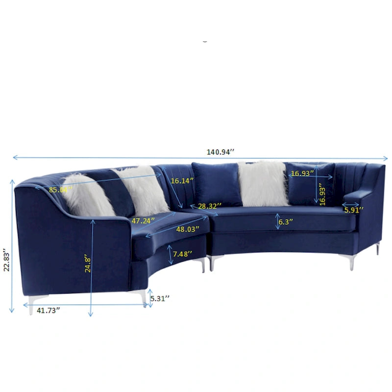 Canapé incurvé en velours capitonné avec coussins