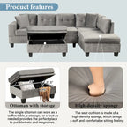 Canapé d'angle moderne en L de 265 cm (104,5 pouces) avec pouf de rangement et méridienne réversible - 265 cm (104,5 pouces) L x 189 cm (74,5 pouces) P x 85 cm (33,5 pouces) H