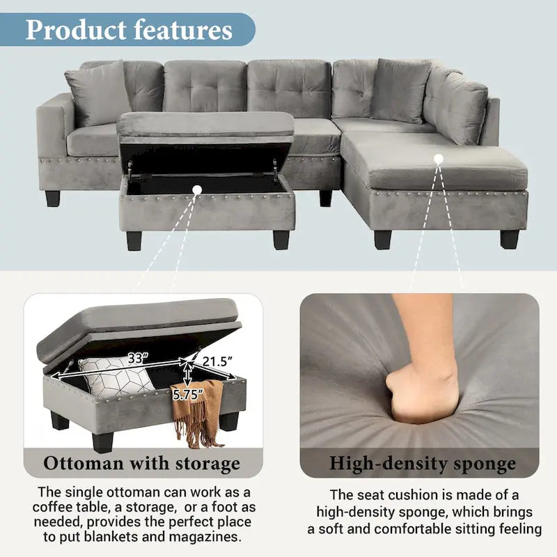 Canapé d'angle moderne en L de 265 cm (104,5 pouces) avec pouf de rangement et méridienne réversible - 265 cm (104,5 pouces) L x 189 cm (74,5 pouces) P x 85 cm (33,5 pouces) H