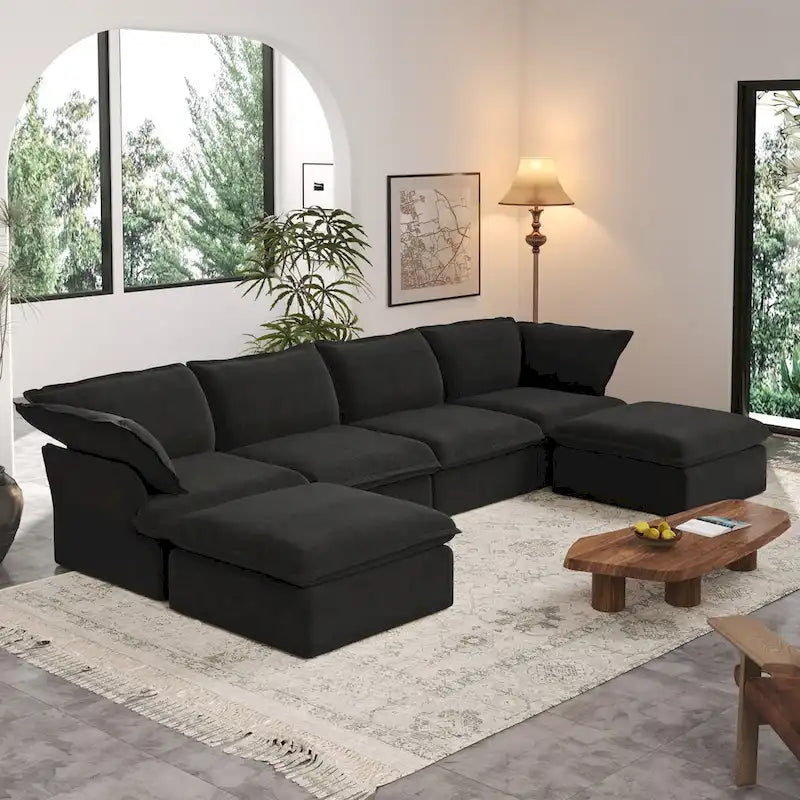 Canapé d'angle modulaire convertible en forme de U 163, garni de duvet, confort optimal, revêtement rembourré