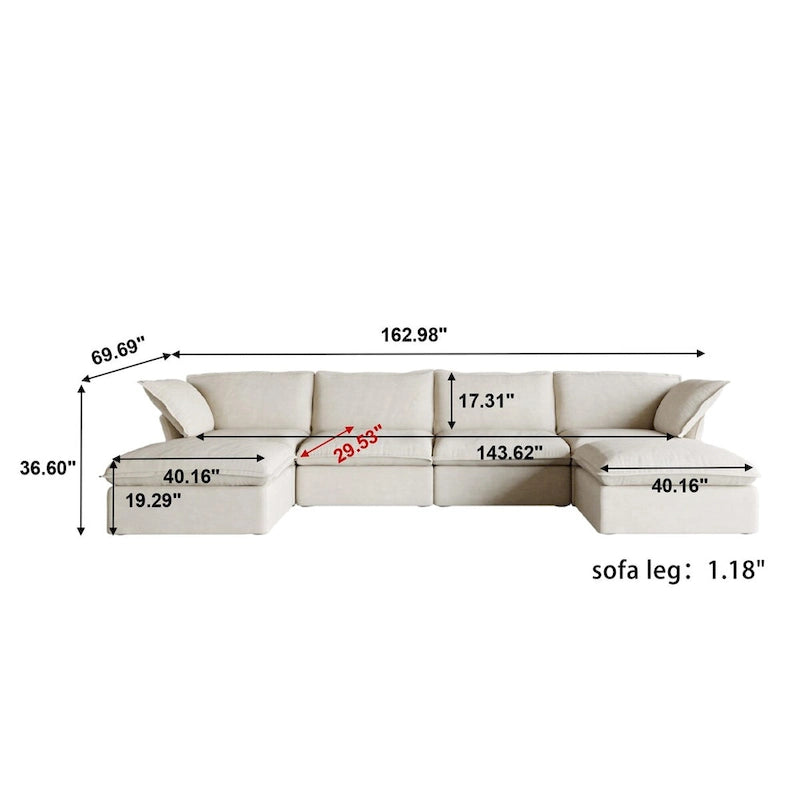 Canapé d'angle modulaire convertible en forme de U 163, garni de duvet, confort optimal, revêtement rembourré