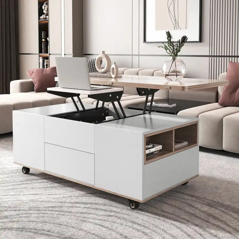 Table basse moderne en noyer et blanc avec plateau relevable, table multifonctionnelle avec tiroirs et étagères