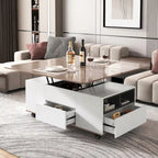 Table basse moderne en noyer et blanc avec plateau relevable, table multifonctionnelle avec tiroirs et étagères