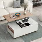 Table basse moderne en noyer et blanc avec plateau relevable, table multifonctionnelle avec tiroirs et étagères