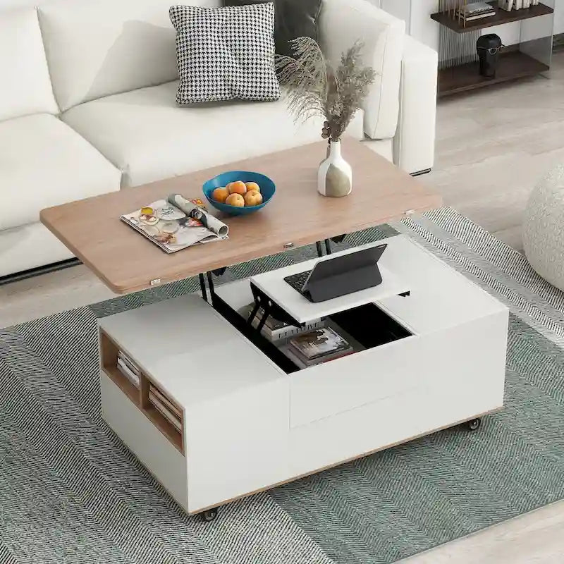 Table basse moderne en noyer et blanc avec plateau relevable, table multifonctionnelle avec tiroirs et étagères