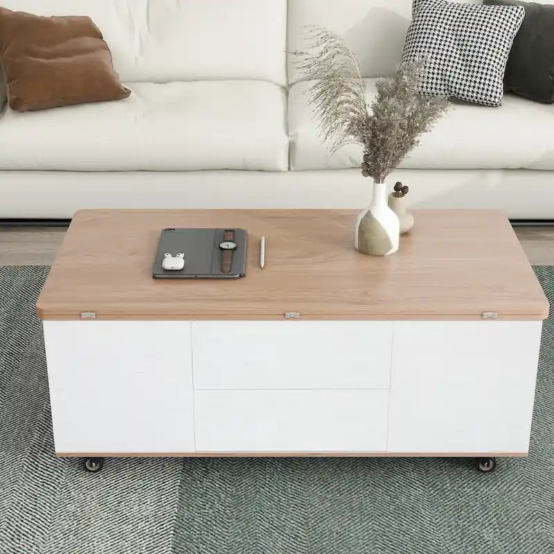 Table basse moderne en noyer et blanc avec plateau relevable, table multifonctionnelle avec tiroirs et étagères