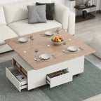 Table basse moderne en noyer et blanc avec plateau relevable, table multifonctionnelle avec tiroirs et étagères