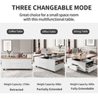 Table basse moderne en noyer et blanc avec plateau relevable, table multifonctionnelle avec tiroirs et étagères