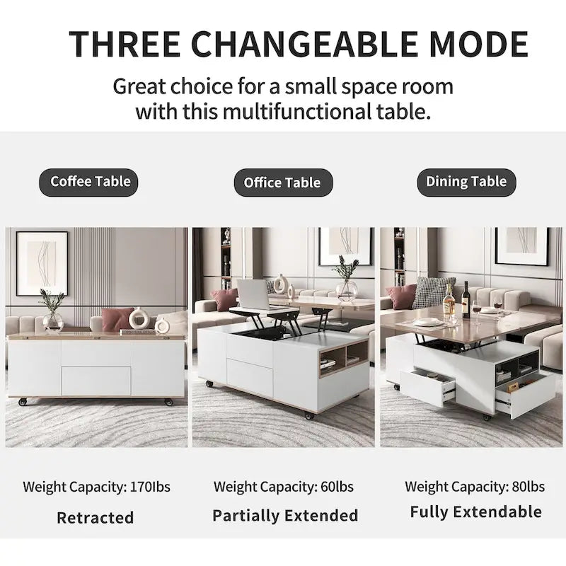 Table basse moderne en noyer et blanc avec plateau relevable, table multifonctionnelle avec tiroirs et étagères