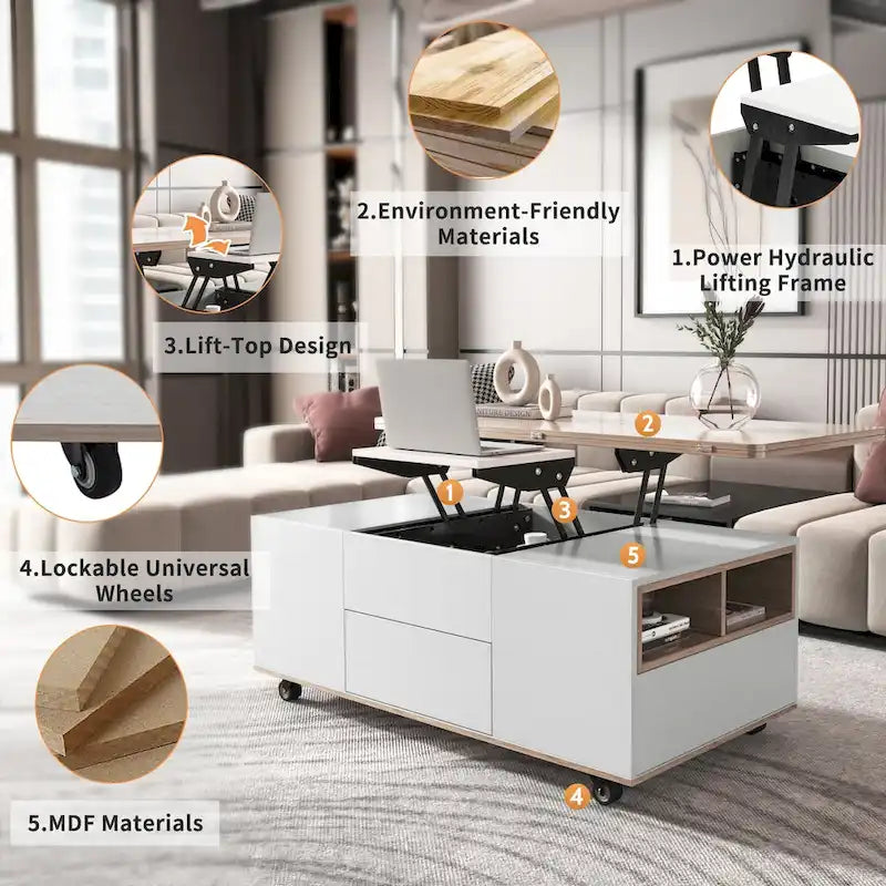 Table basse moderne en noyer et blanc avec plateau relevable, table multifonctionnelle avec tiroirs et étagères
