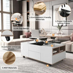 Table basse moderne en noyer et blanc avec plateau relevable, table multifonctionnelle avec tiroirs et étagères