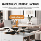 Table basse moderne en noyer et blanc avec plateau relevable, table multifonctionnelle avec tiroirs et étagères