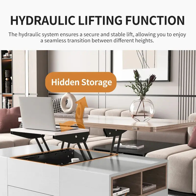 Table basse moderne en noyer et blanc avec plateau relevable, table multifonctionnelle avec tiroirs et étagères