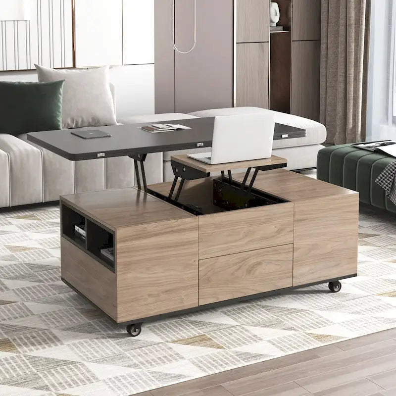 Table basse moderne en noyer et blanc avec plateau relevable, table multifonctionnelle avec tiroirs et étagères