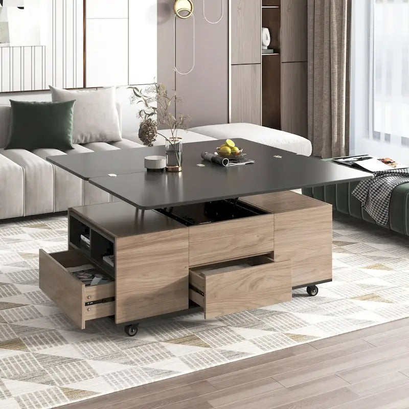 Table basse moderne en noyer et blanc avec plateau relevable, table multifonctionnelle avec tiroirs et étagères