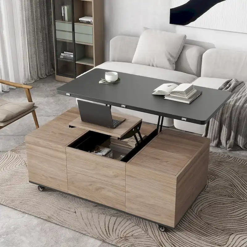 Table basse moderne en noyer et blanc avec plateau relevable, table multifonctionnelle avec tiroirs et étagères
