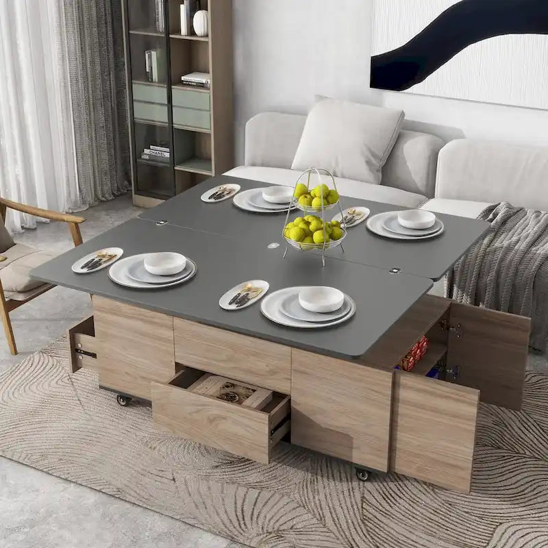 Table basse moderne en noyer et blanc avec plateau relevable, table multifonctionnelle avec tiroirs et étagères