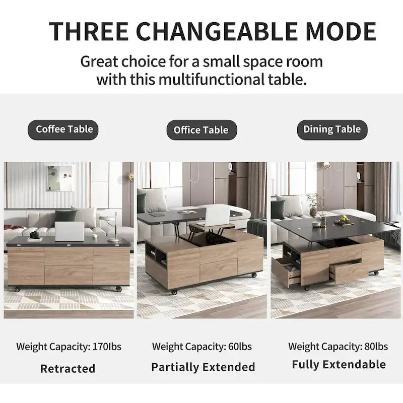 Table basse moderne en noyer et blanc avec plateau relevable, table multifonctionnelle avec tiroirs et étagères