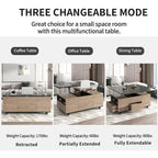 Table basse moderne en noyer et blanc avec plateau relevable, table multifonctionnelle avec tiroirs et étagères