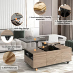 Table basse moderne en noyer et blanc avec plateau relevable, table multifonctionnelle avec tiroirs et étagères