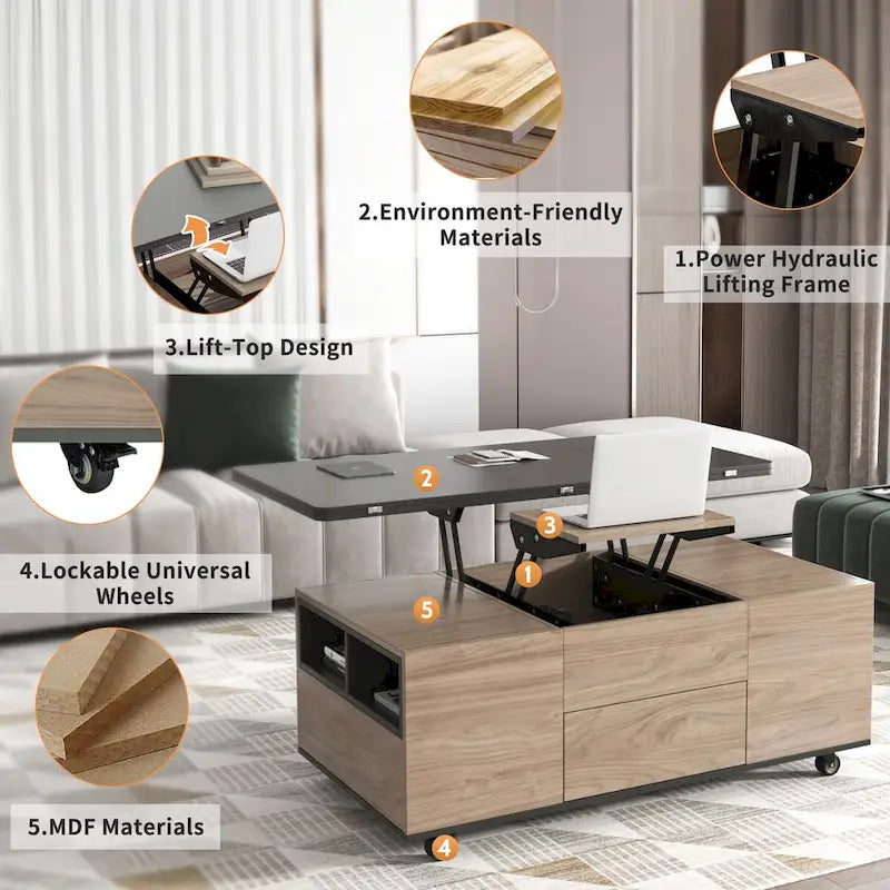 Table basse moderne en noyer et blanc avec plateau relevable, table multifonctionnelle avec tiroirs et étagères