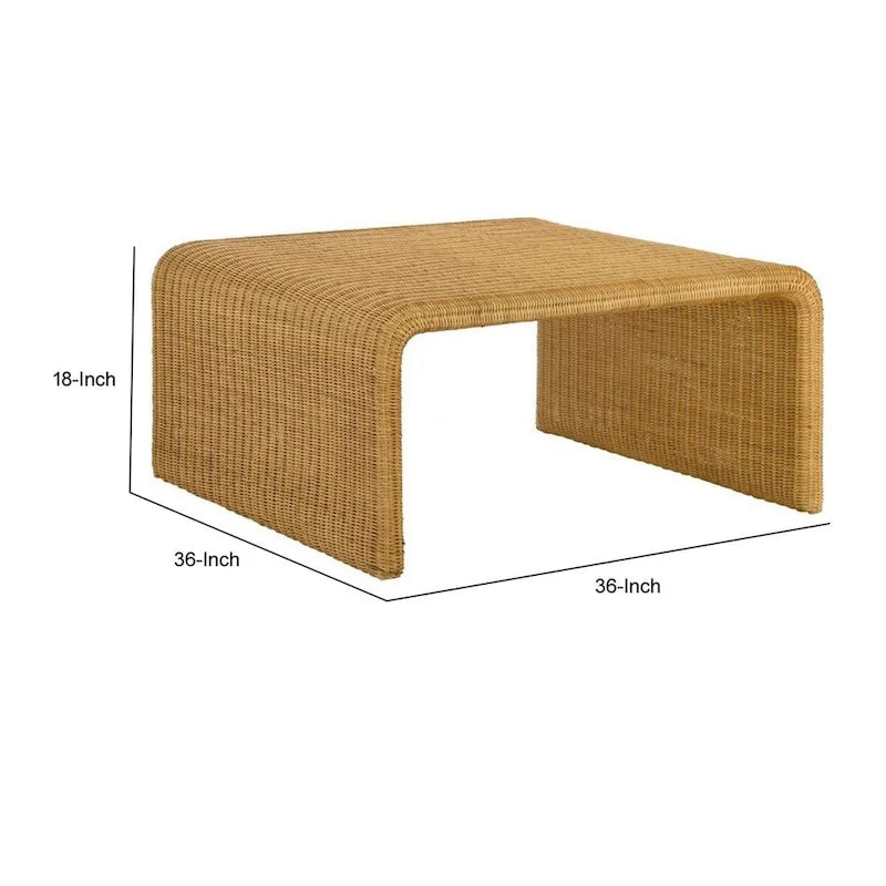 Table basse carrée en rotin de 91 cm (36 pouces), bords arrondis, brun texturé naturel