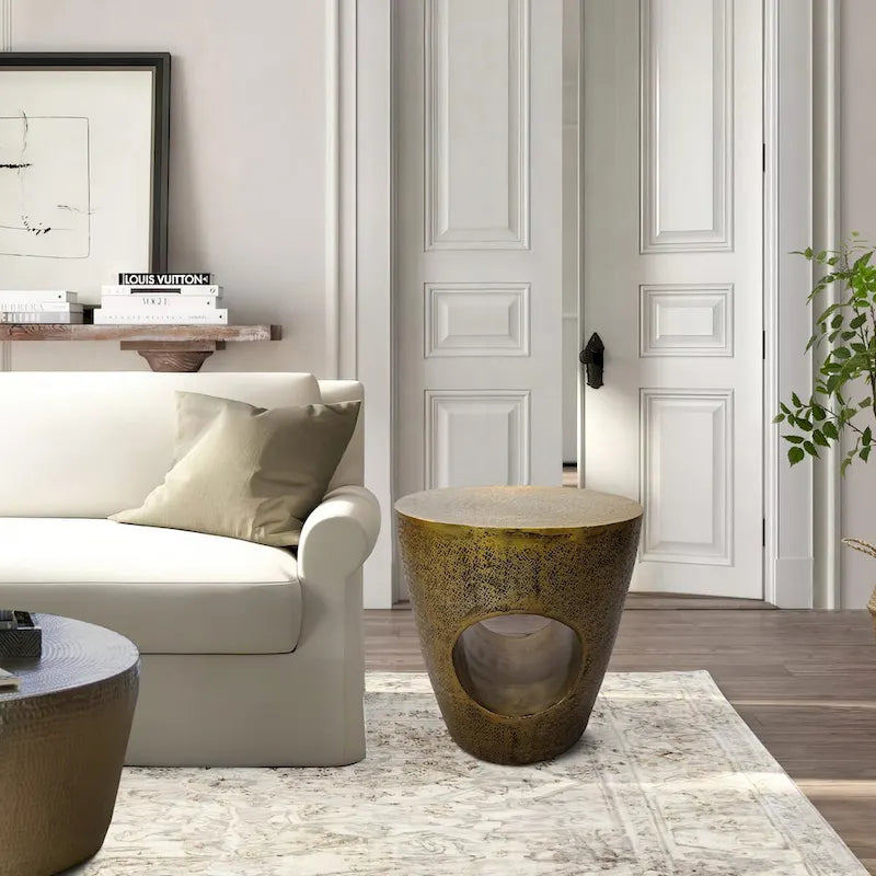 Nala 17 Inch Side End Table, Tapered Drum Shape with Unique Hollow Center, Antique Brass Aluminum
