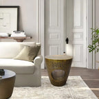 Nala 17 Inch Side End Table, Tapered Drum Shape with Unique Hollow Center, Antique Brass Aluminum