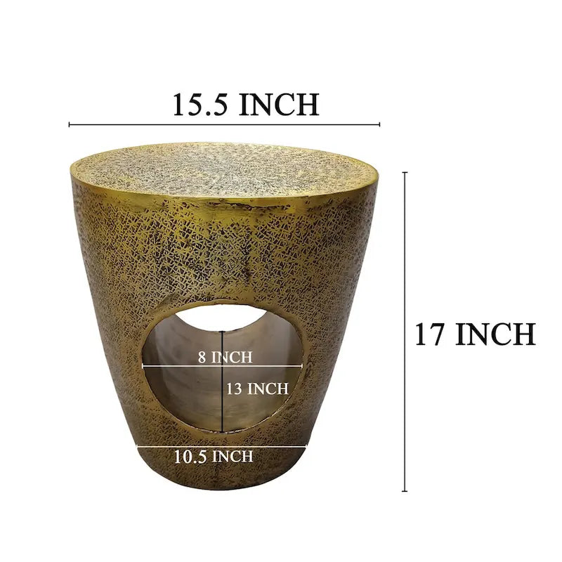 Table d'appoint Nala 43 cm (17 pouces), forme de tambour conique avec centre creux unique, aluminium laiton antique