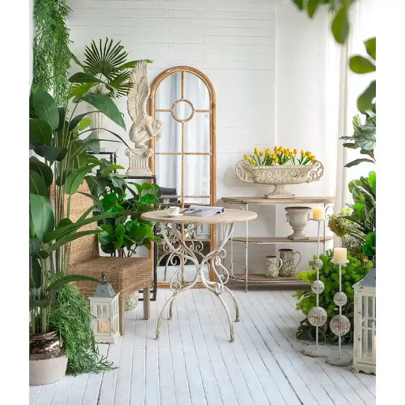 Round Wooden Table with Metal Scrollwork Legs