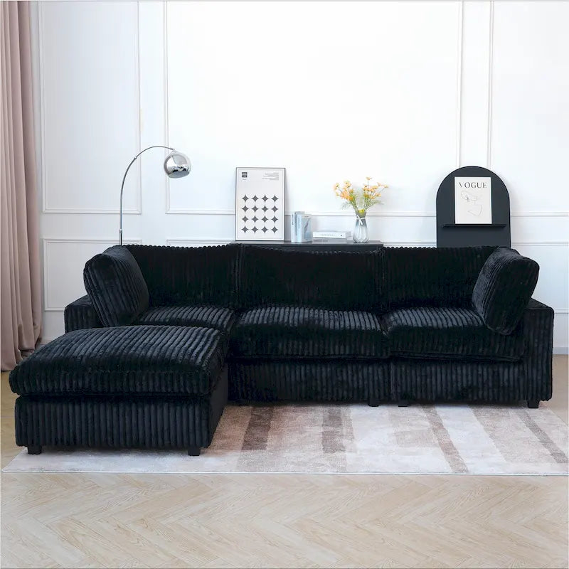 Canapé d'angle moderne en tissu polyester avec pouf, en forme de L.