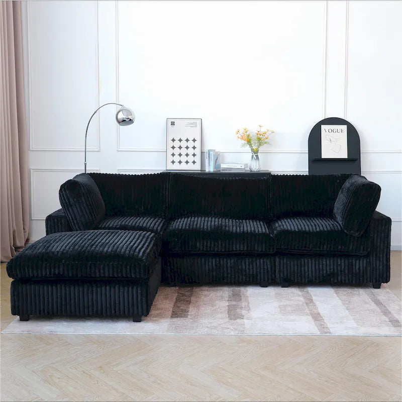 Canapé d'angle moderne en tissu polyester avec pouf, en forme de L.