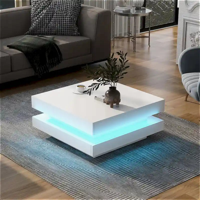 High Gloss Minimalist Design with LED Lights, 2-Tier Square Coffee Table, Center Table for Living Room