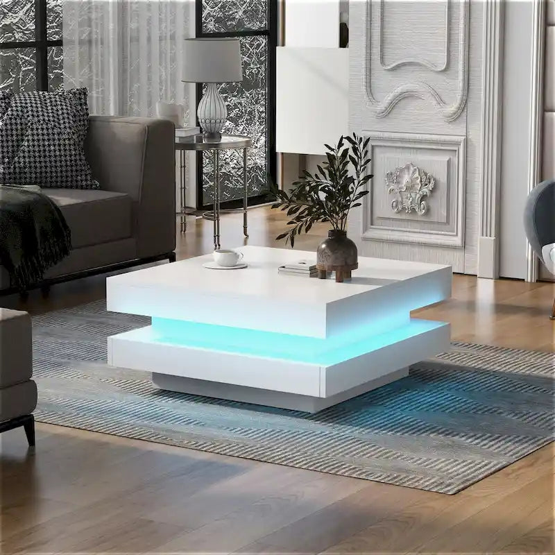 Table basse carrée à deux niveaux, design minimaliste laqué brillant avec éclairage LED, idéale pour le salon.
