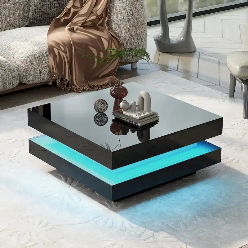 Table basse carrée à deux niveaux, design minimaliste laqué brillant avec éclairage LED, idéale pour le salon.