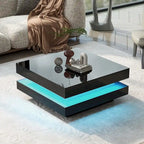 Table basse carrée à deux niveaux, design minimaliste laqué brillant avec éclairage LED, idéale pour le salon.