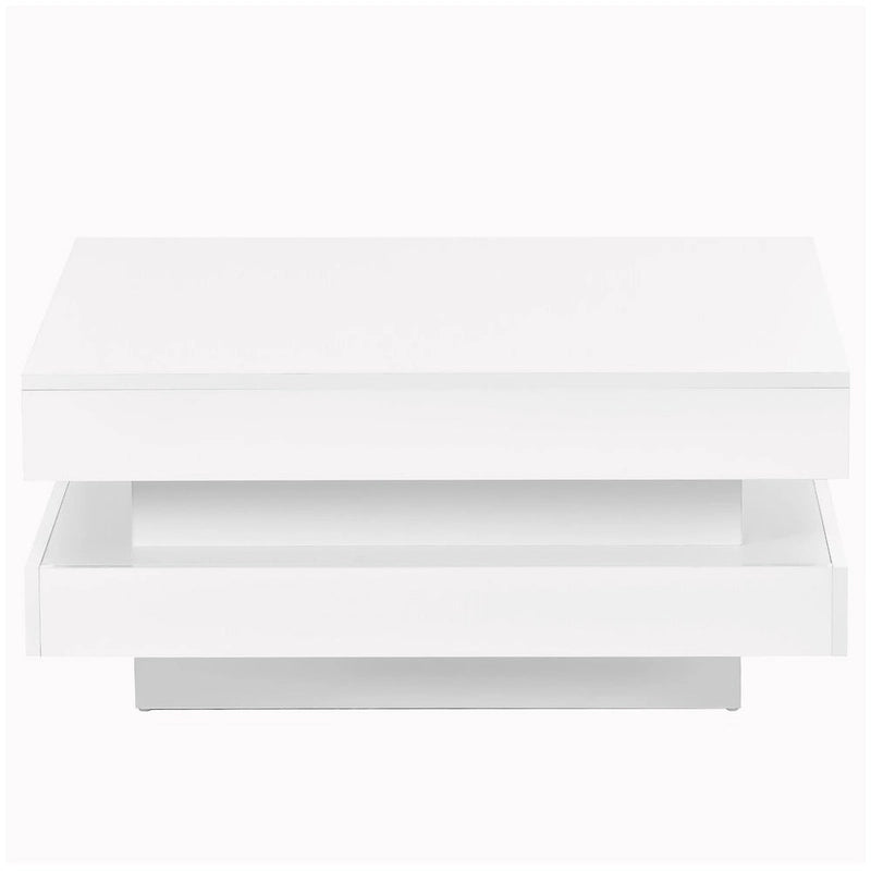 Table basse carrée à deux niveaux, design minimaliste laqué brillant avec éclairage LED, idéale pour le salon.