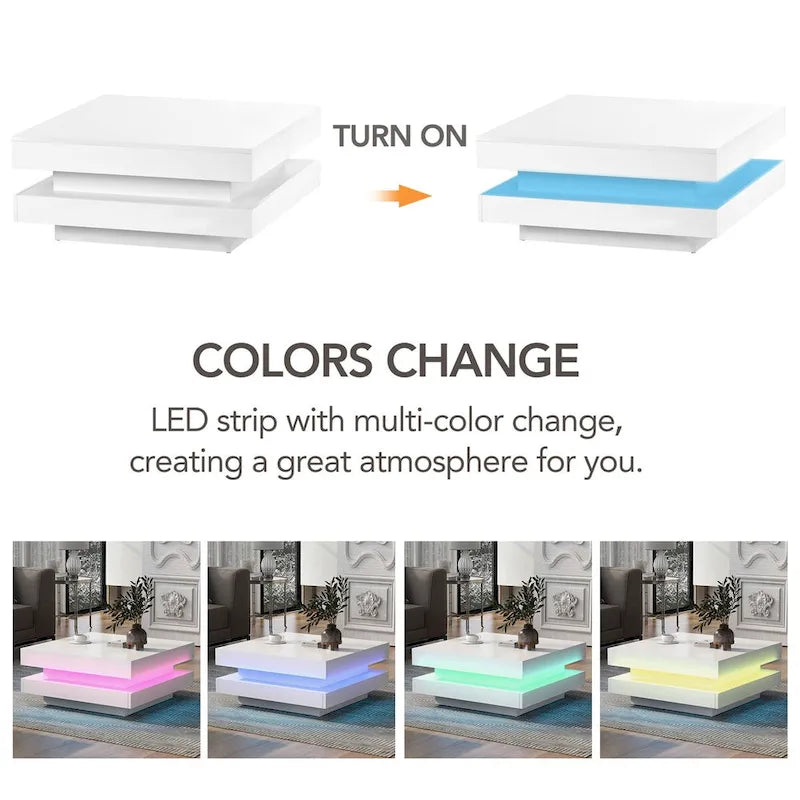 Table basse carrée à deux niveaux, design minimaliste laqué brillant avec éclairage LED, idéale pour le salon.