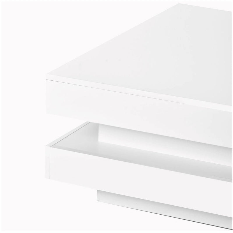 Table basse carrée à deux niveaux, design minimaliste laqué brillant avec éclairage LED, idéale pour le salon.